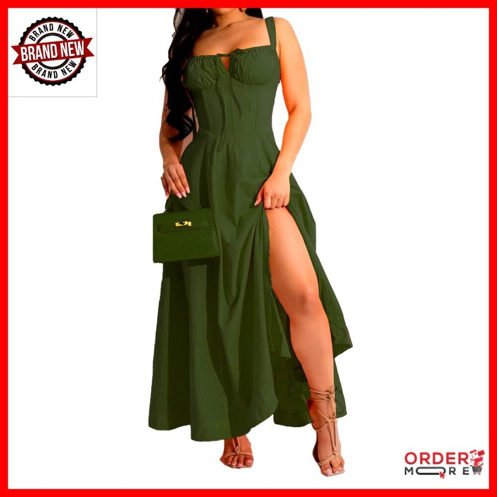 Sleeveless Lace Up Ruched Bodycon Maxi Dress Elegant Boho Flowy Square Neck